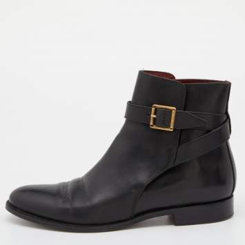 Pre Owned Burberry Black Leather Buckle Ankle Length Boots Size 40