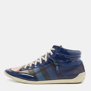 Pre Owned Burberry Blue Patent Leather and Ombre Nova Check Canvas Zipper High Top Sneakers Size 39