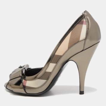 Pre Owned Burberry Metallic Grey  Leather and House Check Canvas Buckle Peep Toe Pumps Size 36