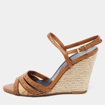 Pre Owned Burberry Brown Leather and Nova Check Canvas Espadrille Wedge Ankle Strap Sandals Size 37