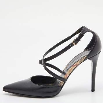 Pre Owned Burberry Black Leather Pointed Toe Ankle Strap Pumps Size 40