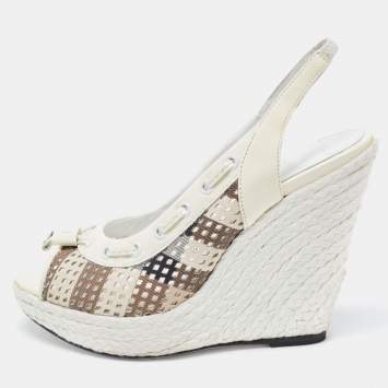 Pre Owned Burberry Cream Patent and Canvas Peep Toe Espadrilles Sandals Size 40