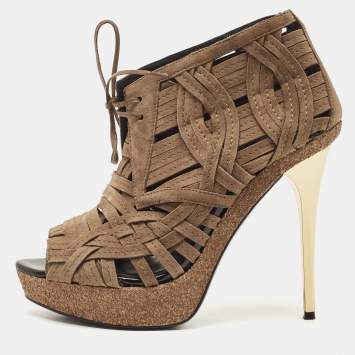 Pre Owned Burberry Brown Suede Cork Platform Peep Toe Ankle Booties Size 38.5