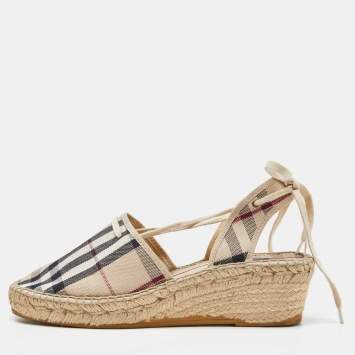 Pre Owned Burberry Beige Nova Check Canvas Strappy Espadrille Wedge Sandals Size 40