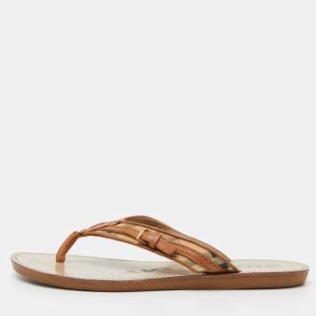 Pre Owned Burberry Brown/Beige Leather and Check Canvas Thong Flats Size 39