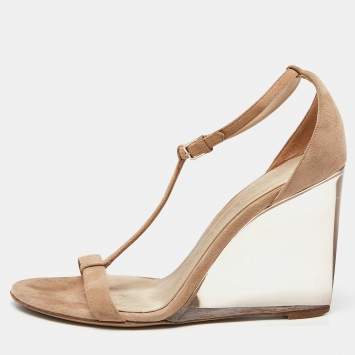 Pre Owned Burberry Prorsum Beige Suede Leyburn Lucite Wedge Sandals Size 38