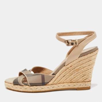 Pre Owned Burberry Beige/Black Nova Check Canvas and Leather Espadrille Wedge Ankle Strap Sandals Size 38