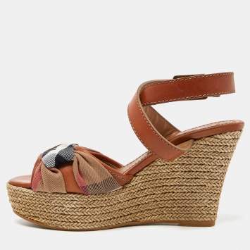 Pre Owned Burberry Brown Leather and Nova Check Canvas Buckle Detail Wedge Sandals Size 38