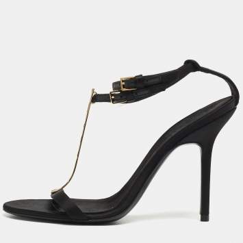 Pre Owned Burberry Black Satin T Strap Ankle Strap Sandals Size 37.5