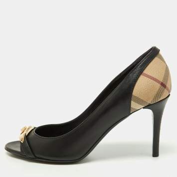 Pre Owned Burberry Black/Beige Leather and Check Coated Canvas Embellished Open Toe Pumps Size 37
