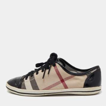 Pre Owned Burberry Black/Beige Novacheck Canvas And Leather Cap Toe Low Top Sneakers Size 39
