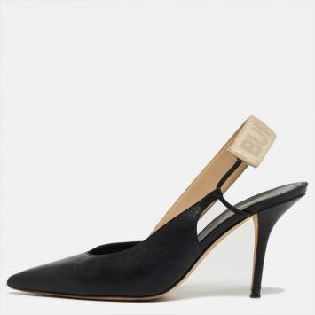 Pre Owned Burberry Black/Beige Leather and Logo Canvas Maria Slingback Pumps Size 39