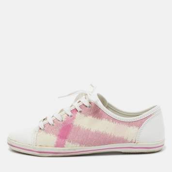 Pre Owned Burberry Pink/White Leather and Canvas Cap Toe Low Top Sneakers Size 41