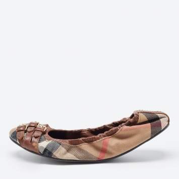 Pre Owned Burberry Tricolor Leather and House Check Canvas Buckle Detail Scrunch Ballet Flats Size 38