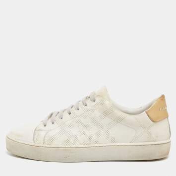 Pre Owned Burberry White/Gold Perforated Leather Westford Sneakers Size 38.5