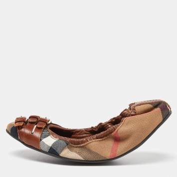 Pre Owned Burberry Brown Nova Check Canvas and Leather Buckle Detail Scrunch Ballet Flats Size 36.5