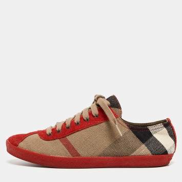 Pre Owned Burberry Red/Brown Suede and Nova Check Canvas Low Top Sneakers Size 37