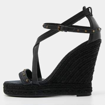 Pre Owned Burberry Black Leather and Denim Studded Platform Wedge Sandals Size 38.5
