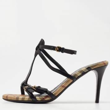 Pre Owned Burberry Black Leather T-Bar Ankle Strap Sandals Size 39