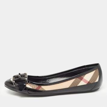 Pre Owned Burberry Black Patent Leather Coated Canvas Buckle Detail Ballet Flats Size 38