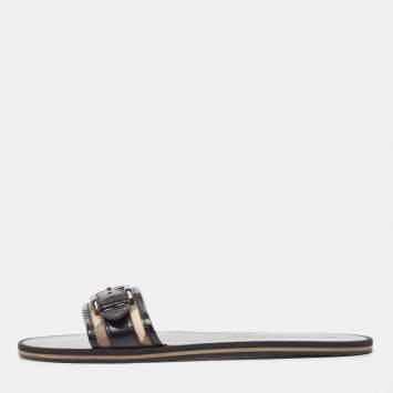 Pre Owned Burberry Black/Beige Patent Leather and Check Canvas Flat Slides Size 40