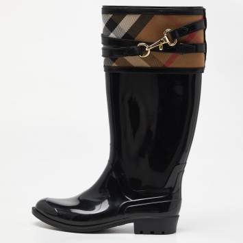 Pre Owned Burberry Black/Beige Patent Leather and House Check Canvas Knee Length Boots Size 35