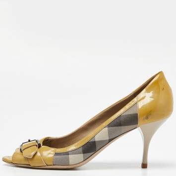 Pre Owned Burberry Grey/Yellow Smoked Check PVC and Patent Leather Embellished Open Toe Pumps Size 39