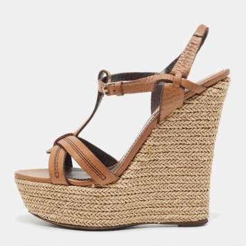 Pre Owned Burberry Brown Leather Wedge Sandals Size 39.5