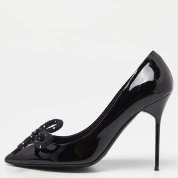 Pre Owned Burberry Black Patent Leather Finsbury Bow Pointed Toe Pumps Size 38.5