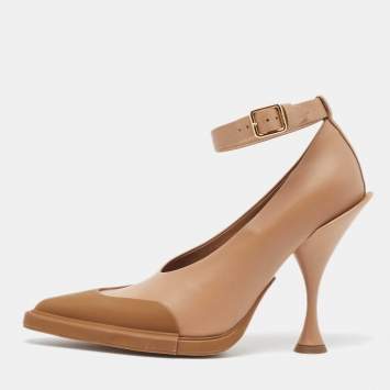 Pre Owned Burberry Brown Leather and Rubber Evan Ankle Strap Pumps Size 38