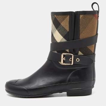 Pre Owned Burberry Black Rubber and House Check Canvas Rain Boots Size 39