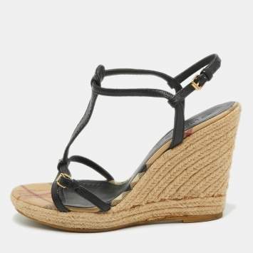 Pre Owned Burberry Black Leather T-Bar Espadrille Wedge Sandals Size 39