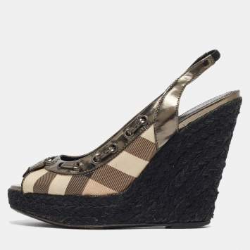 Pre Owned Burberry Multicolor Leather and Check Canvas Espadrille Wedge Slingback Pumps Size 39