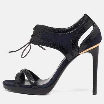 Pre Owned Burberry Navy Blue Suede and Black Brogue Leather Gauld Lace Up Sandals Size 36