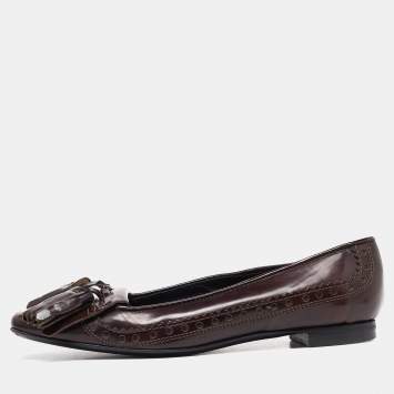 Pre Owned Burberry Burgundy Brogue Leather Tassel Fringe Details Loafers Size 38