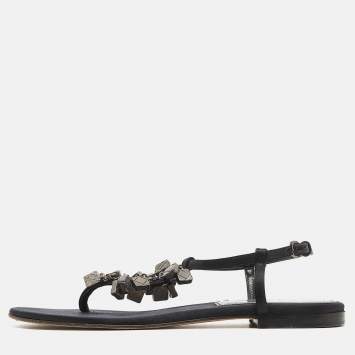 Pre Owned Burberry Black Satin Embellished Thong Flat Sandals Size 39