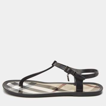 Pre Owned Burberry Black/Beige House Check Jelly Thong Flats Size 39