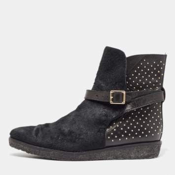Pre Owned Burberry Black Leather and Calfhair Studded Ankle Boots Size 38
