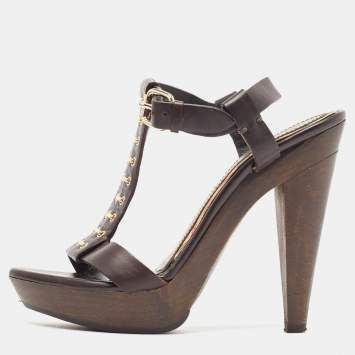 Pre Owned Burberry Brown Leather T-Bar Platform Ankle Strap Sandals Size 37.5