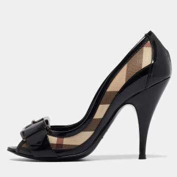 Pre Owned Burberry Black/Beige Patent Leather and Nova Check Canvas Peep Toe Pumps Size 37
