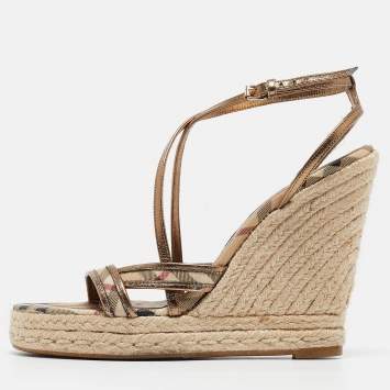 Pre Owned Burberry Gold Leather and Canvas Espadrilles Sandals Size 40 