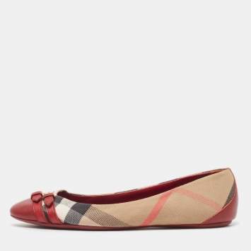 Pre Owned Burberry Burgundy/Beige Leather And Nova Check Canvas Buckle Detail Ballet Flats Size 40