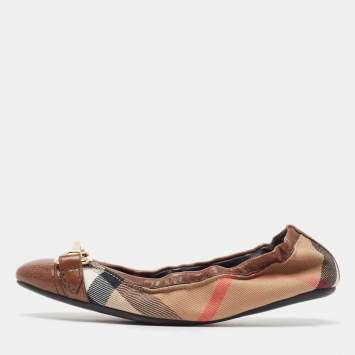 Pre Owned Burberry Brown Nova Check Canvas and Leather Scrunch Ballet Flats Size 35.5