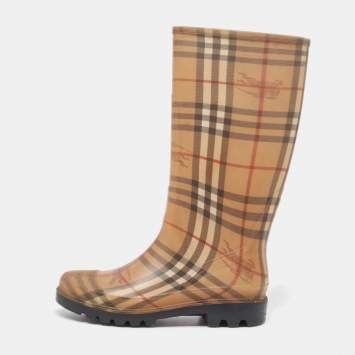 Pre Owned Burberry Beige House Check Rubber Rain Boots Size 40