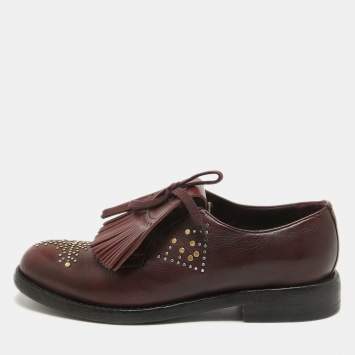 Pre Owned Burberry Burgundy Leather Studded Ampney Derby Size 37.5