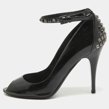Pre Owned Burberry Black Patent Stud Peep Toe Pumps Size 40