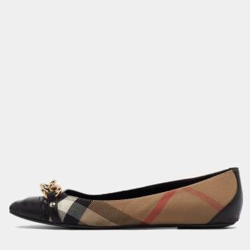 Pre Owned Burberry Black/Beige House check Chain Ballet Flats Size 39.5
