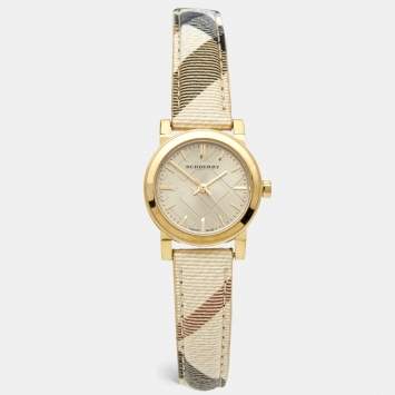 Pre Owned Burberry Champagne Yellow Gold Plated Stainless Steel Leather The City BU9219 Women's Wristwatch 26 mm 