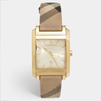 Pre Owned Burberry Champagne Gold Plated Stainless Steel Canvas Nova Check BU1579 Unisex Wristwatch 33 mm