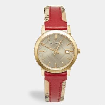 Pre Owned Burberry The City BU9017 Champagne Dial Gold Plated Stainless Steel Canvas Leather Women's Wristwatch 38 mm